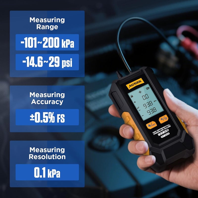 Autool Manometer Gas Pressure Tester, Digital Manometer HVAC, 6 Units Differential Dual Port Pressure Gauge -101 to 200Kpa, Data Zeroing with Backlight LCD Display - Image 3